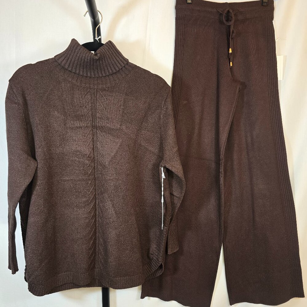 Brown Turtle Neck Rib Knit Pantsuit